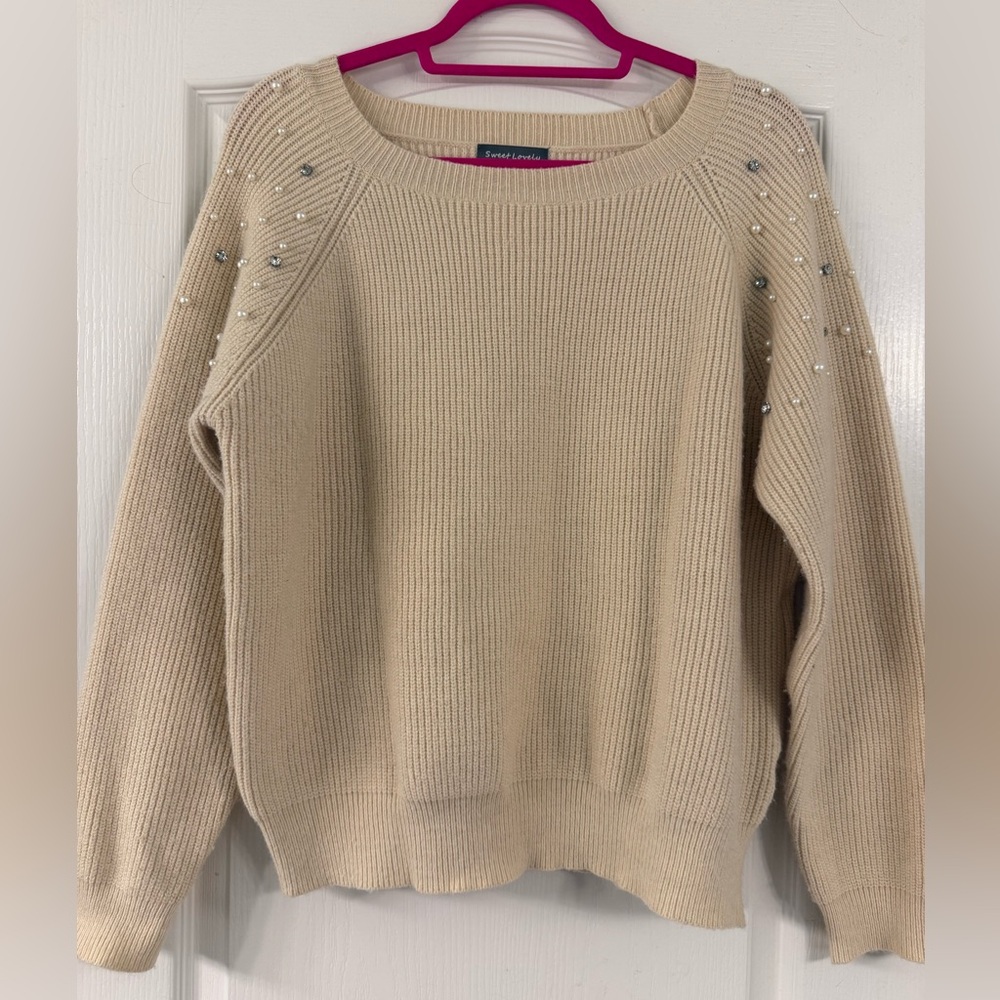 Rhinestone and Pearl Cream Sweater